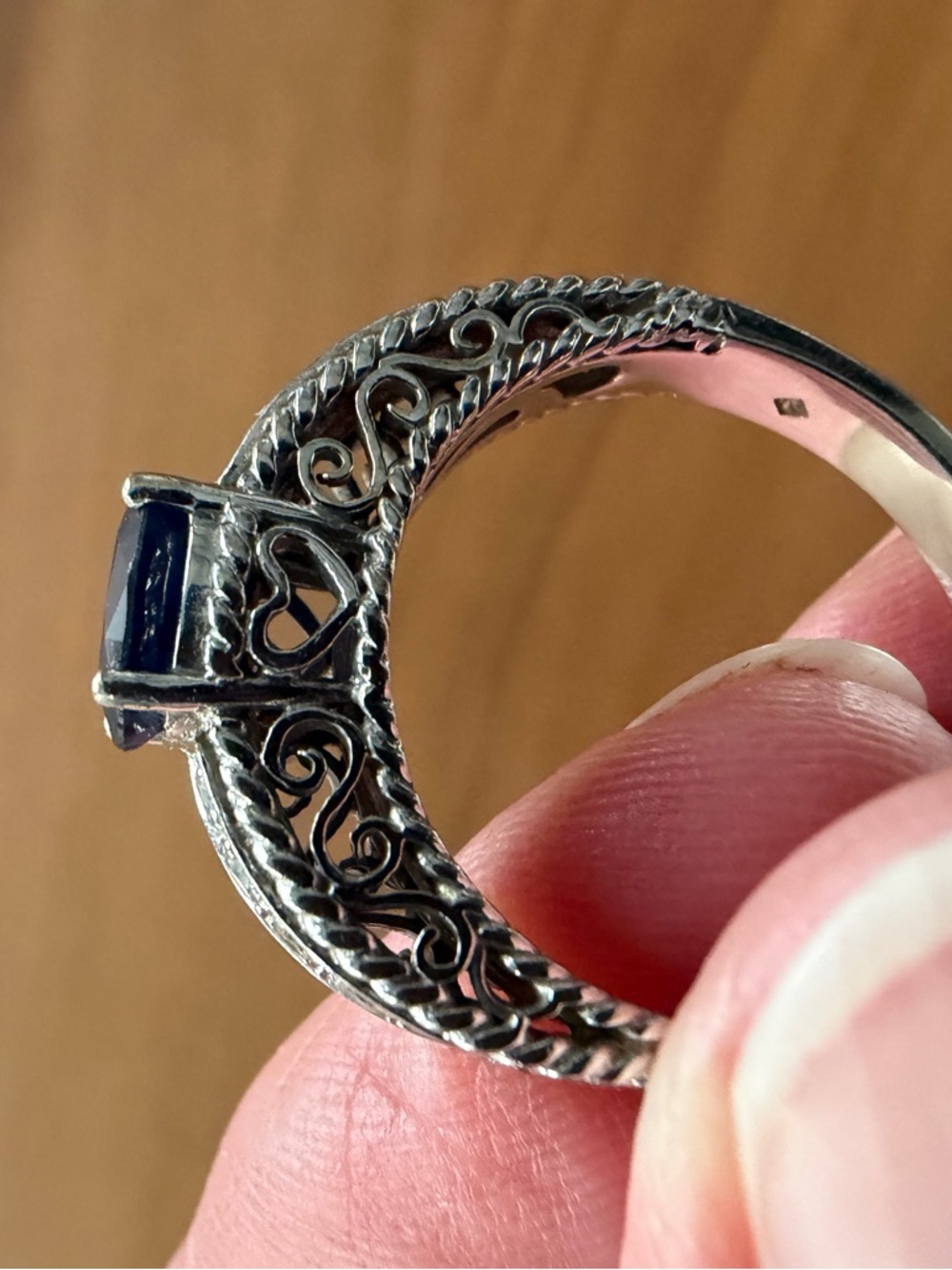 10K White Gold Blue Sapphire & Diamond Cocktail Ring with Filigree Accents - Picture 3 of 7